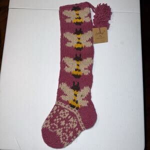 Lakhays 100% Wool Handknit Cottage Holiday Stocking Honeybee Pink Christmas NWT